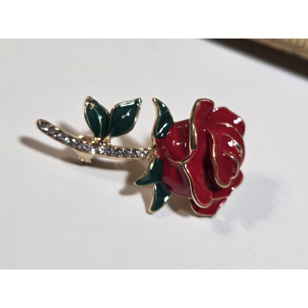 Single Red Rose Rhinestone Enamel Brooch Pendant Gold-Tone